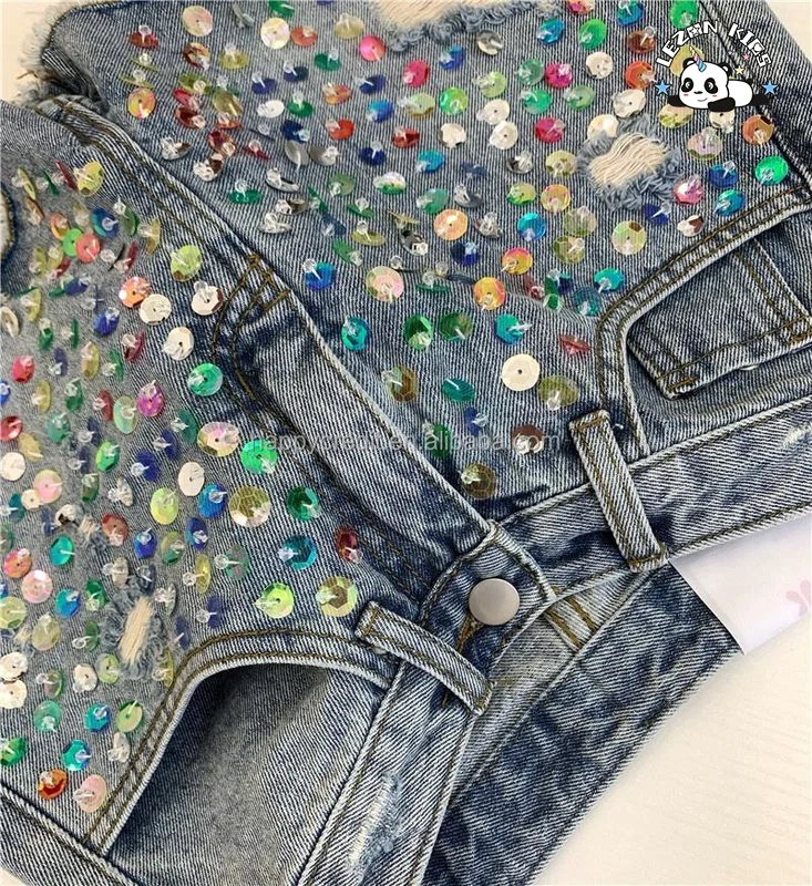 LEZONKIDS - High Street Stylish Colorful Hand Sewn Crystal Rhinestone Girls Jeans Denim Shorts